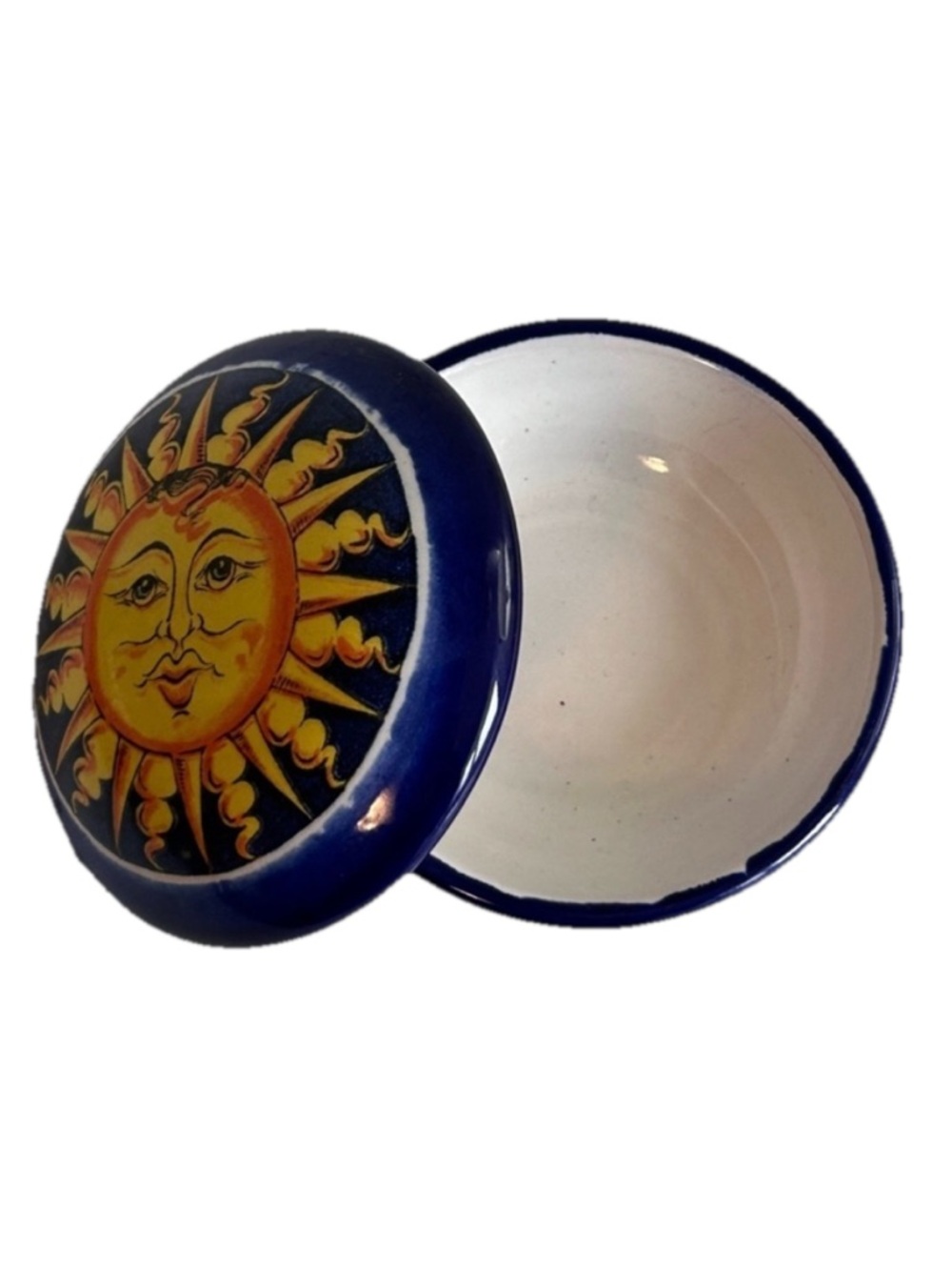 Vietri Italian Pottery Small Lidded Blue Yellow Sun Face Trinket Dish Celestial